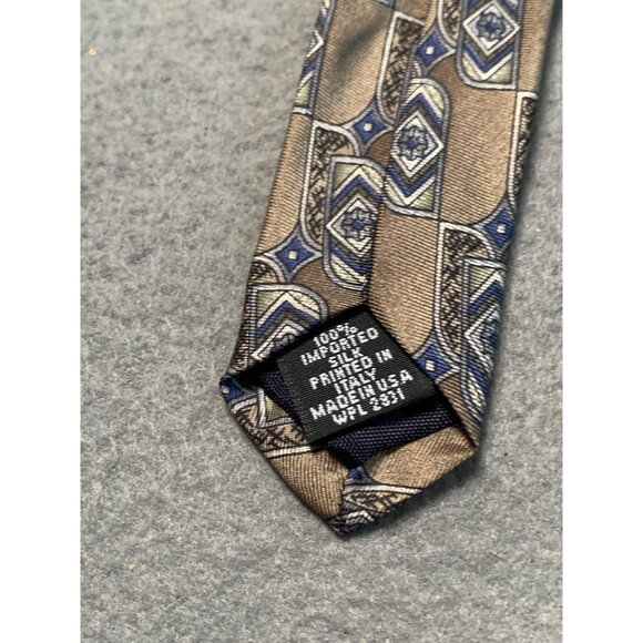 Stafford Mens Silk Tie Brown Blue Geometric Print Made in USA - Picture 4 of 5